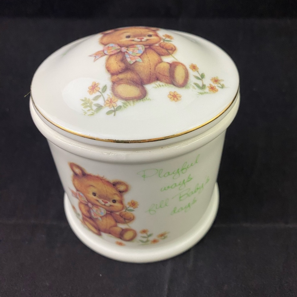 VTG 1980 Porcelain Baby Teddy Bear Lidded Container Jar Japan Little Blessings